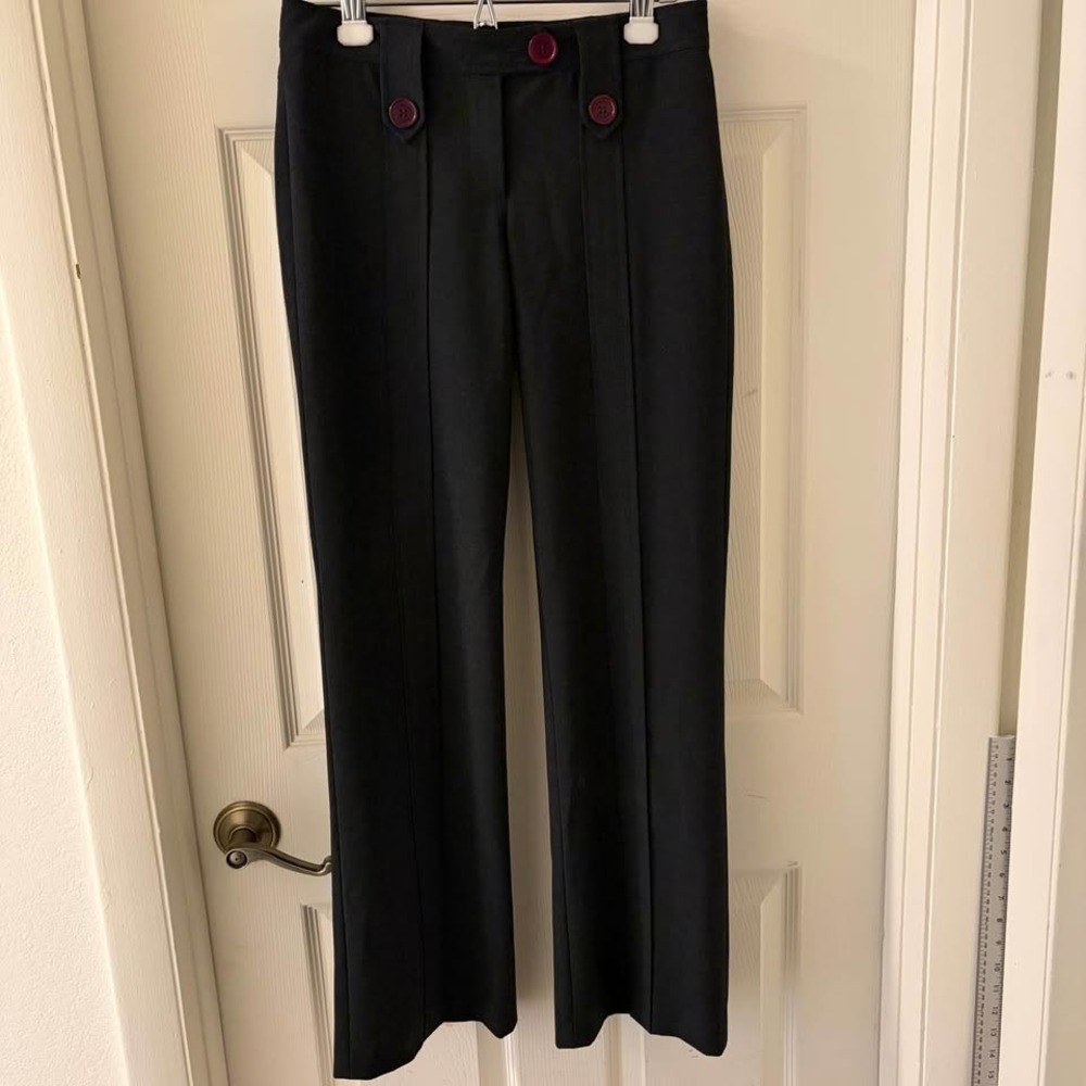 bebe Women's Black Wide Leg Dress Pants Burgundy Button Detail Size 2